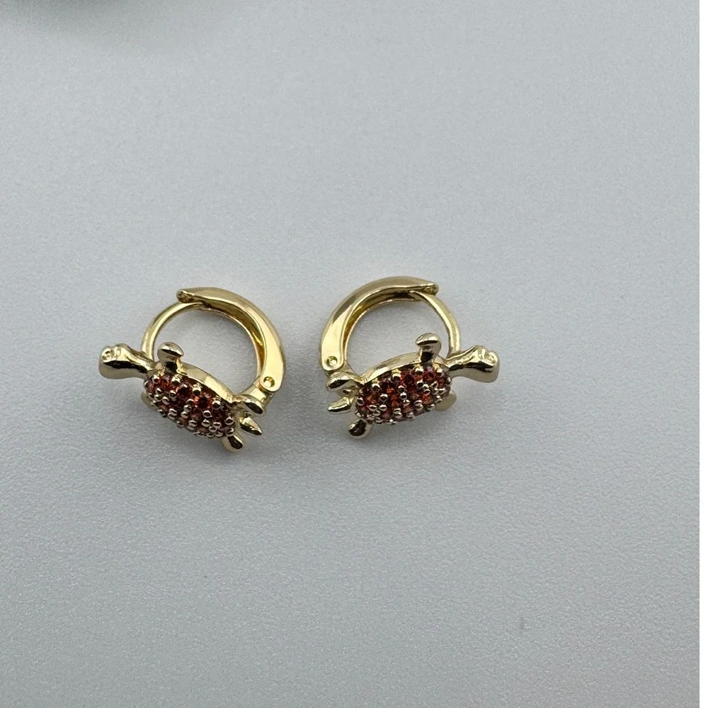 Mini 4k Gold Plated Turtle Huggie Hoop Earrings Red Orange Pavé‎ Crystal